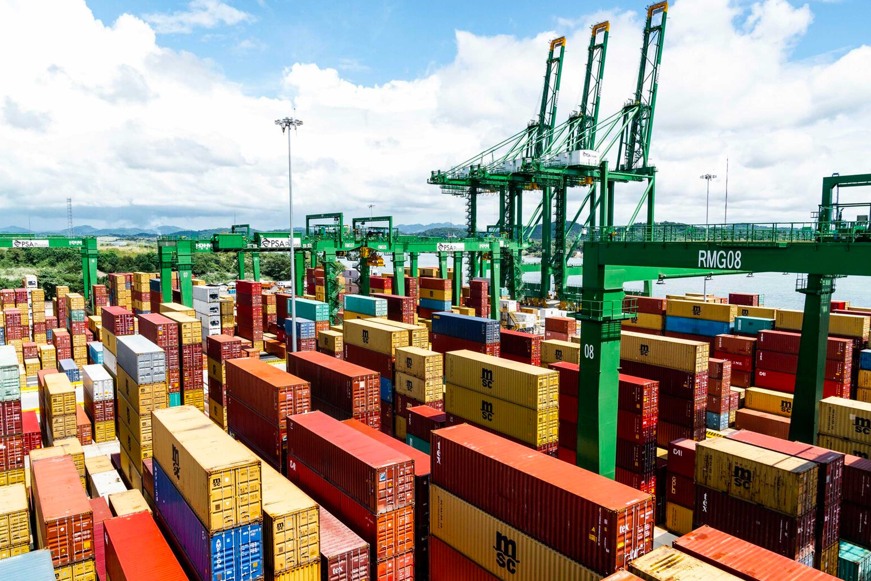 Shipping containers in a dockyard