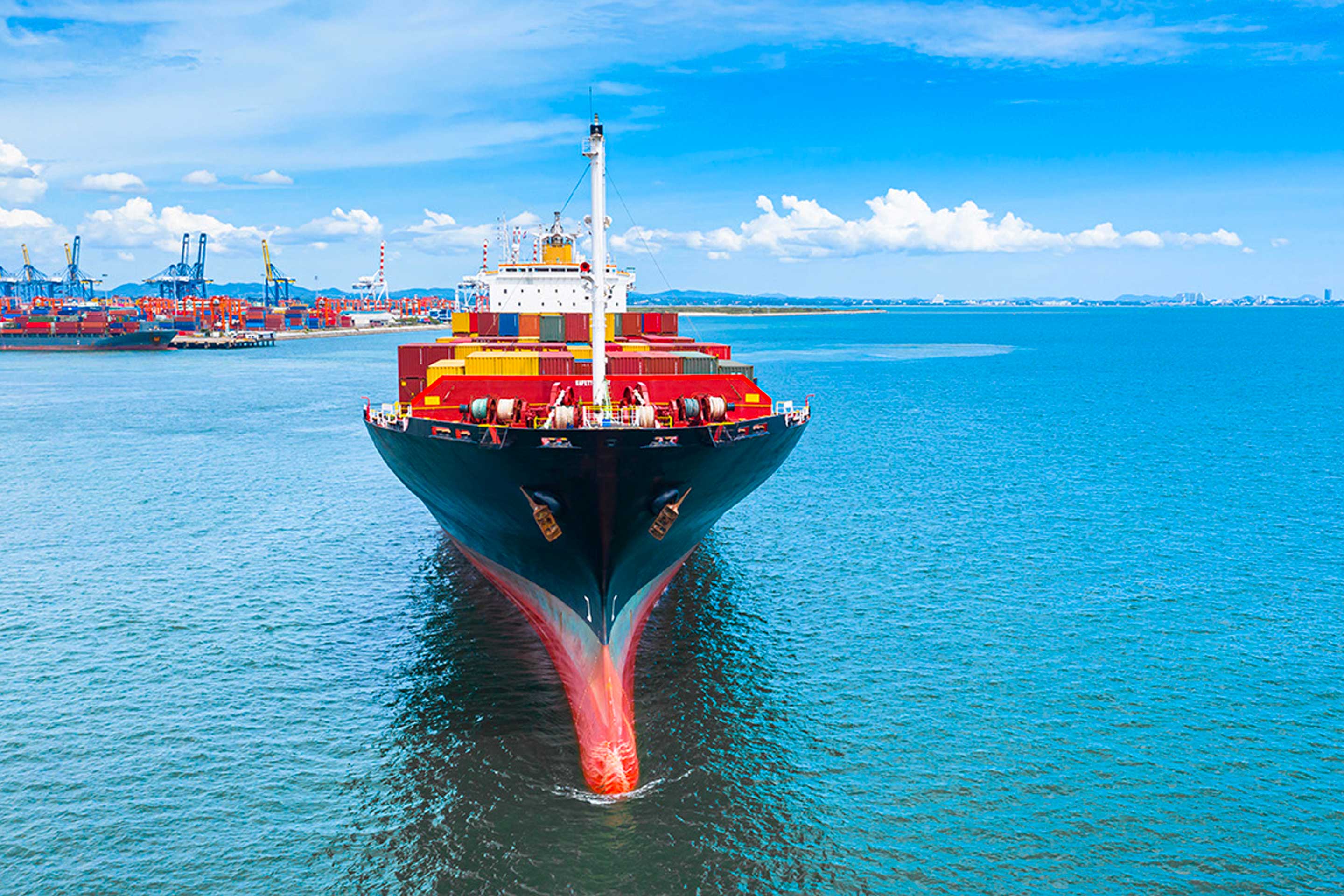 An image of Container ship leaving port