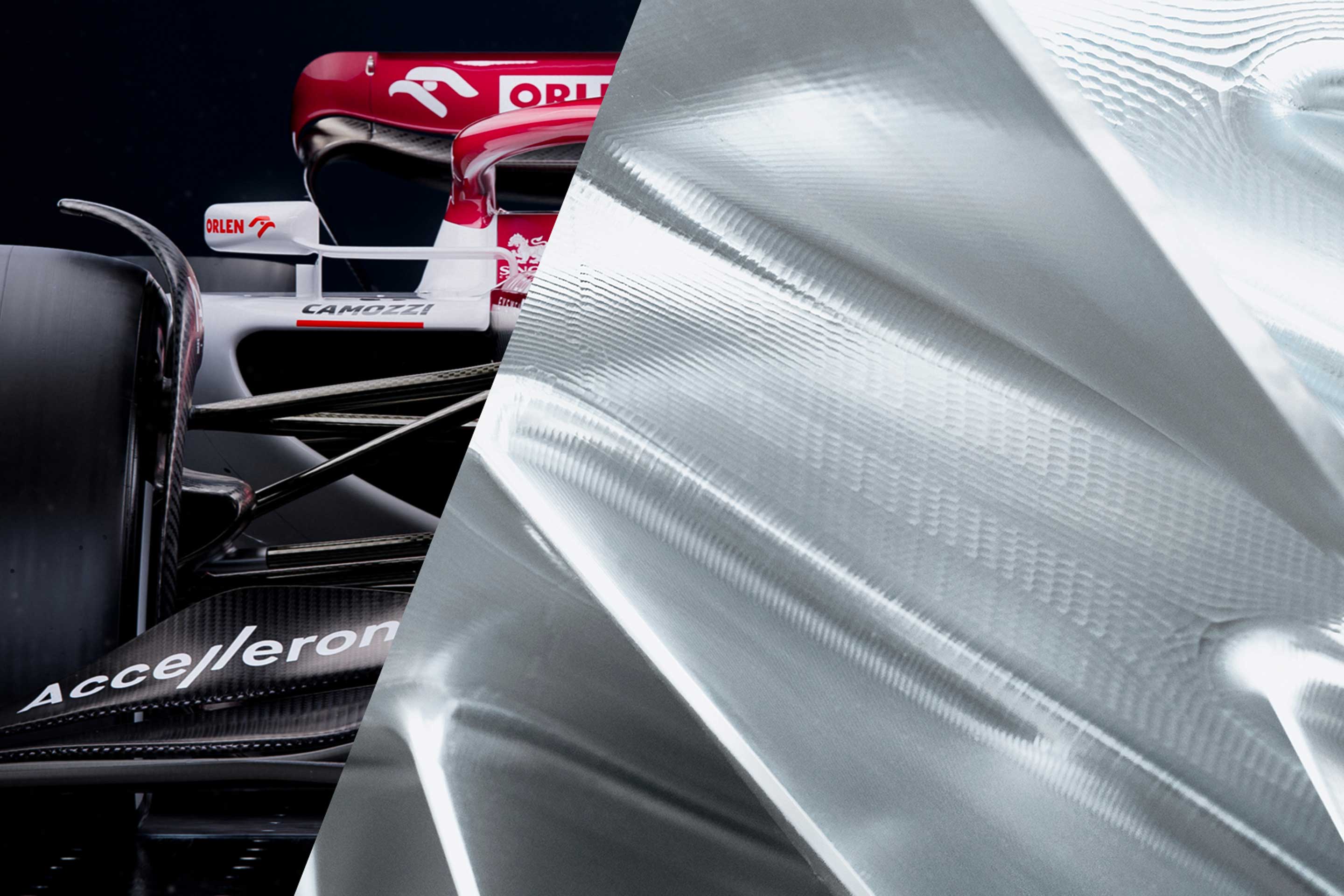 A split image showing an F1 car and a turbocharger close-up, highlighting additive manufacturing