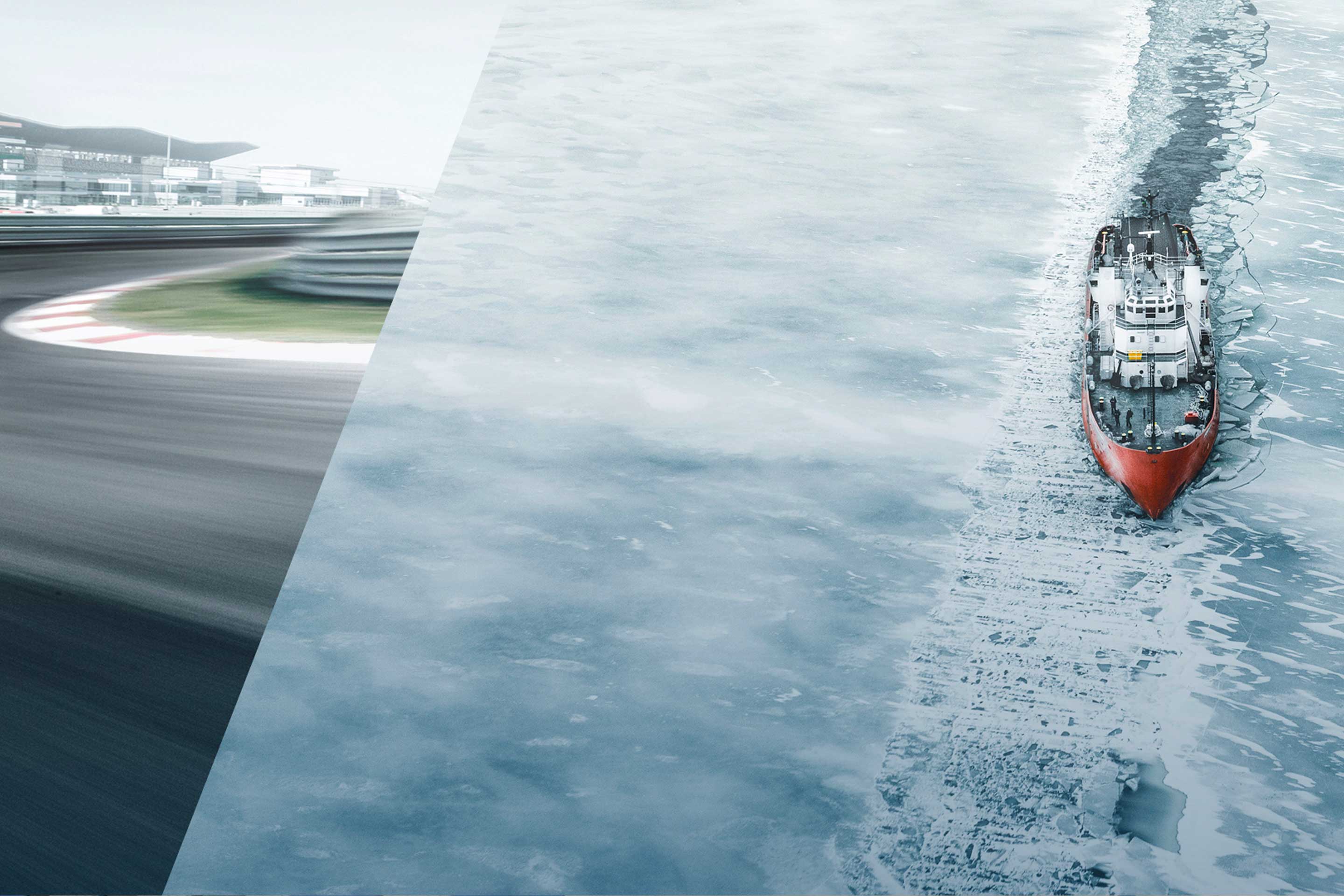 An image showing the Alfa Romeo F1 Team ORLEN C42 car and an ocean-going liner, highlighting the partnership between Acceleron and the Sauber Group