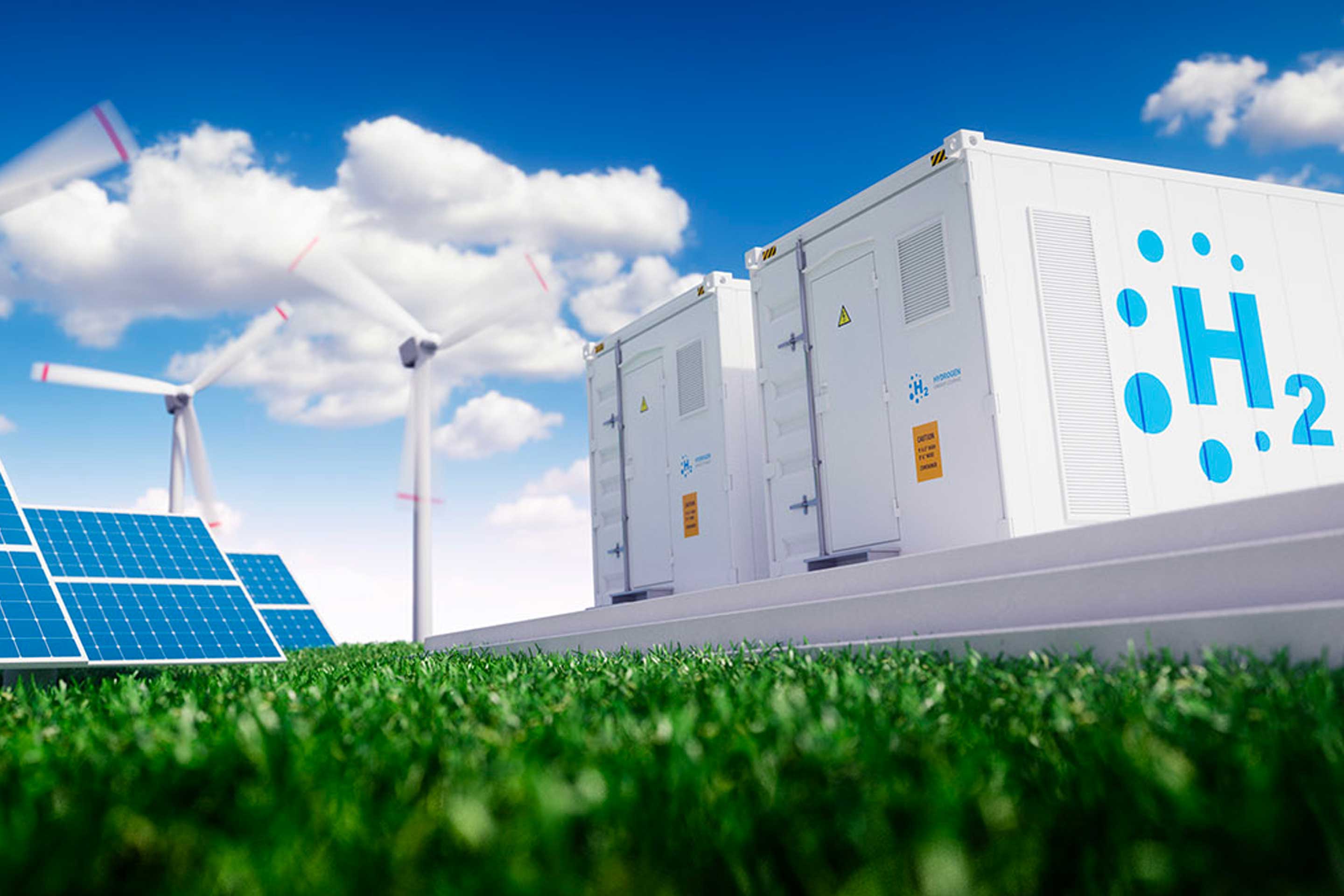 Artwork depicting alternative fuels, with a container and a wind tunnel