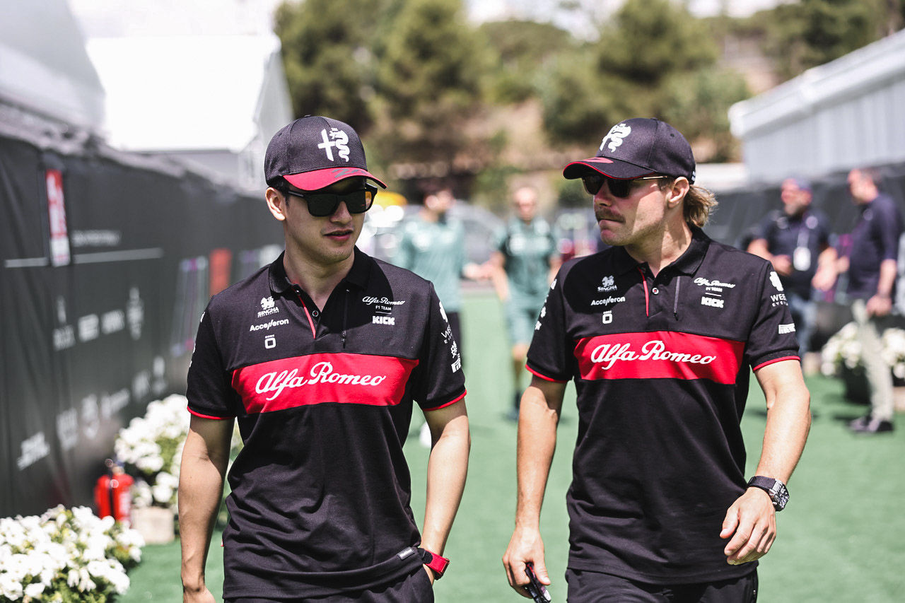 (L to R): Zhou Guanyu (CHN) Alfa Romeo F1 Team with team mate Valtteri Bottas (FIN) Alfa Romeo F1 Team.
Formula 1 World Championship, Rd 8, Spanish Grand Prix, Friday 2nd June 2023. Barcelona, Spain.