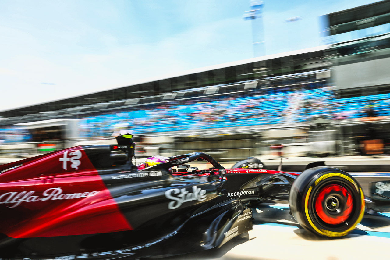 Zhou Guanyu (CHN) Alfa Romeo F1 Team C43 leaves the pits.
Formula 1 World Championship, Rd 5, Miami Grand Prix, Friday 5th May 2023. Miami International Autodrome, Miami, Florida, USA.