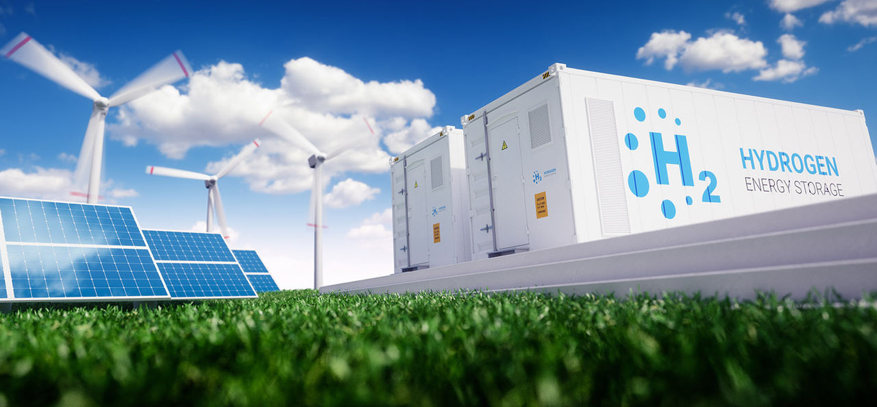 Artwork depicting alternative fuels, with a container and a wind tunnel
