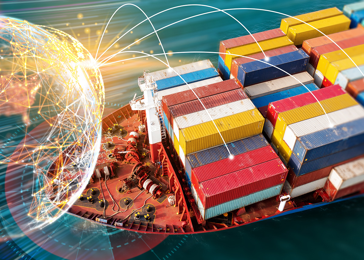 Technology Cargo Container Ship Futuristic Global Logistics international delivery concept, World map logistic and supply chain network distribution container export import to customs technology.