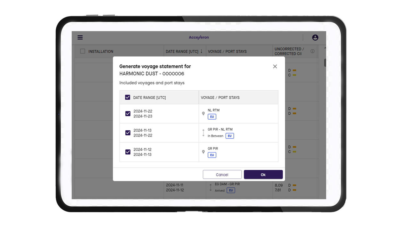 Accelleron- Tekomar - Emission module view showing voyages being selected for inclusion in periodic statement